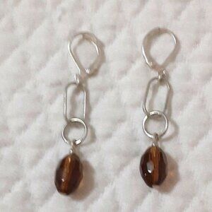 2" simple silver tone hoop drop earrings amber tone resin bead
